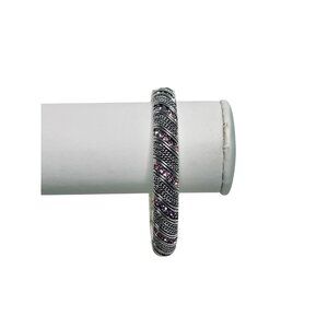 Silver Tone And Pink Rhinestone Hinged Bangle Bracelet (6154)